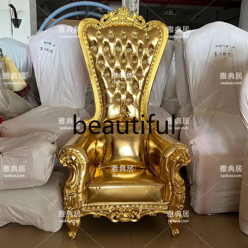 European gold leather high back chair  lobby image chair neoclassical solid wood carving flower decoration gold foil sofa chair