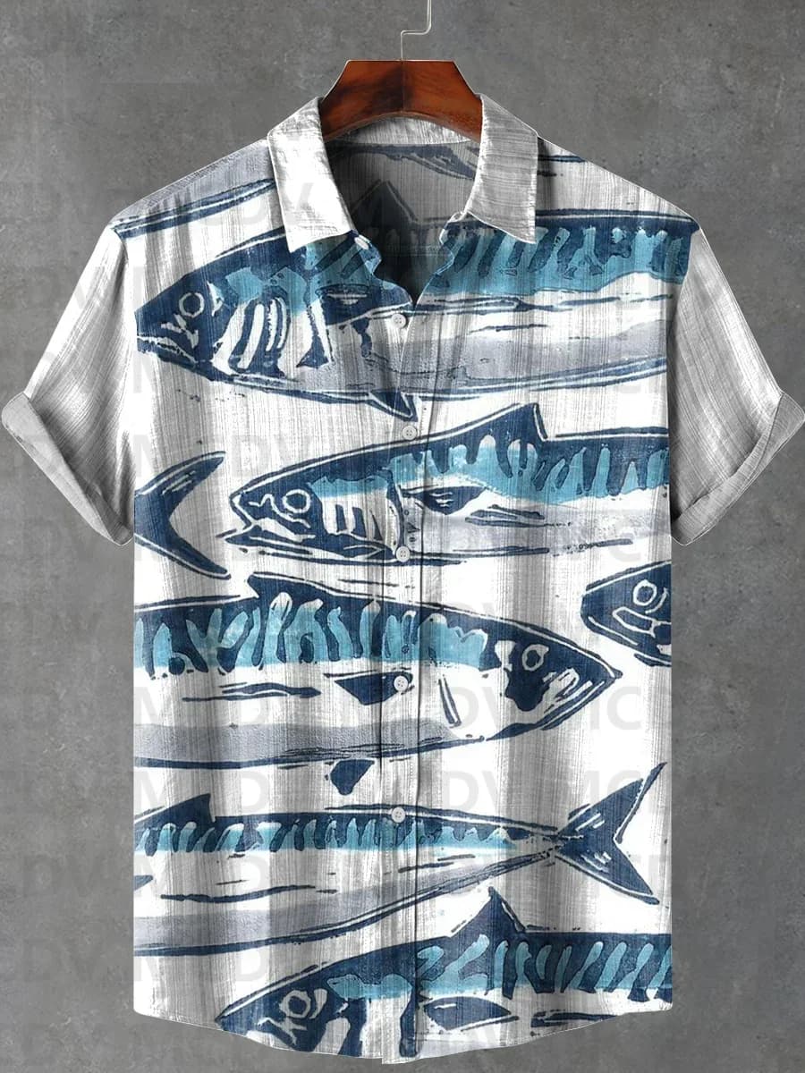 School of Blue Fish Vintage Print Casual Shirt Women's For Men Summer Hawaiian Shirts
