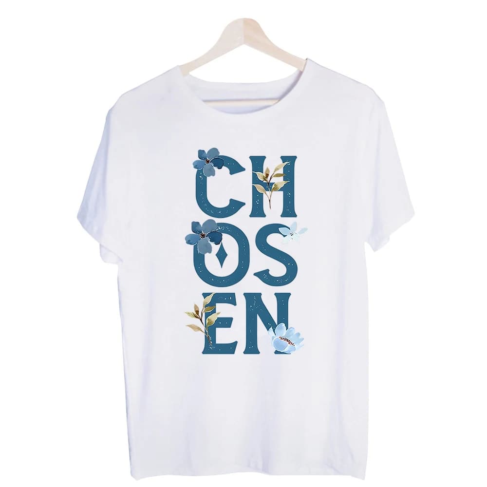 Women's Chosen Typography with Blue Floral Graphic Tee, Short Sleeve Crew Neck T-Shirt for Casual Daily Wear