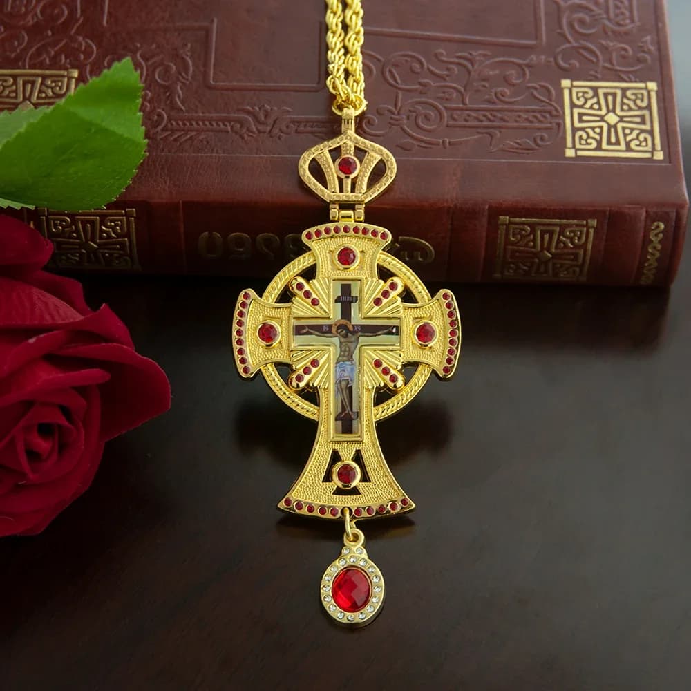 HTISOK Orthodox Church Cross Bishop's Pectoral Cross Necklace for Priest Ordination Crafted with Unique Hollowing Process