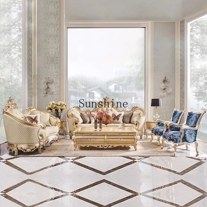 Villa high-end solid wood, living room combination, French court style retro carved leather art leather sofa
