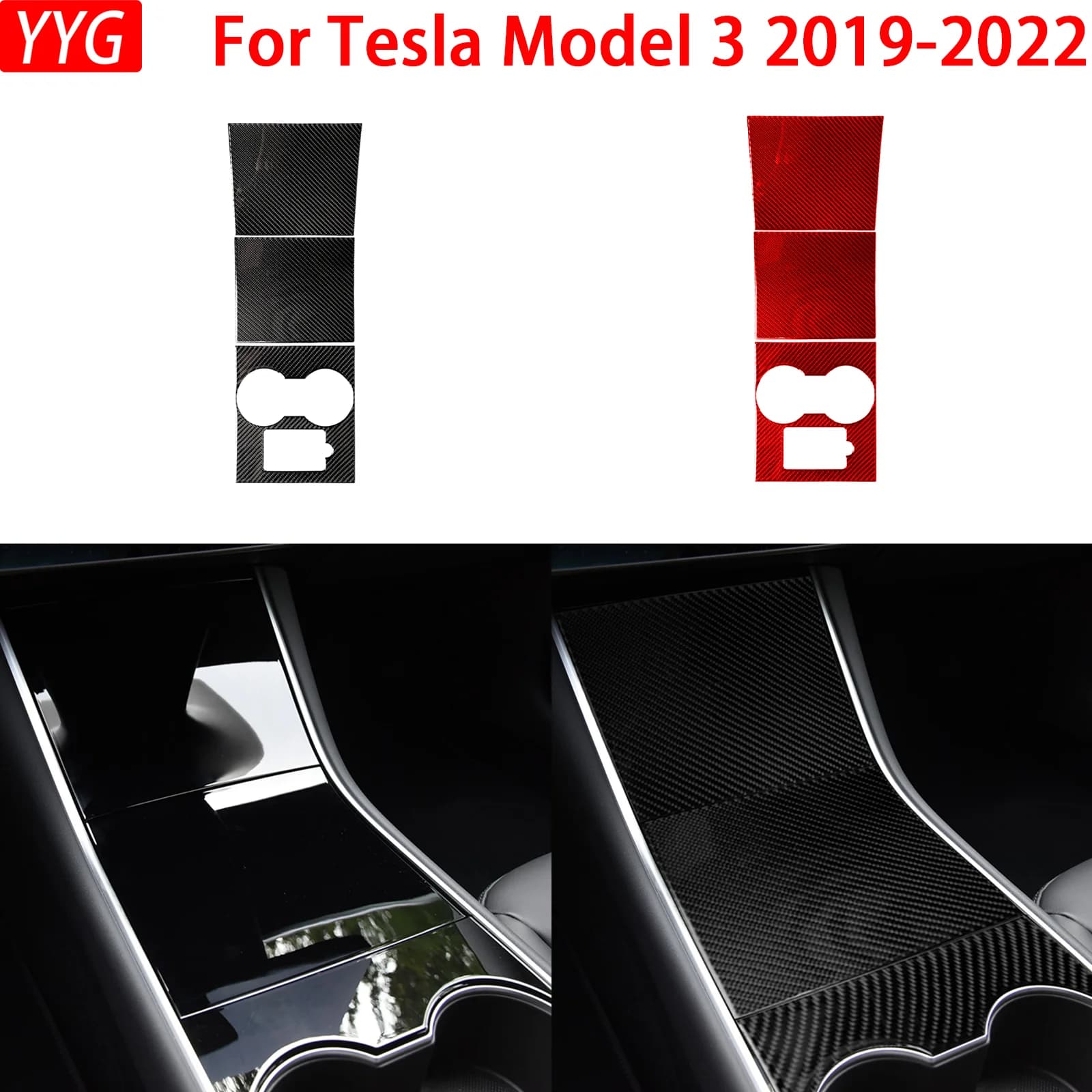 Automotive Interior Stickers for Tesla Model 3 2019-2022 Carbon Fiber Center Control Panel Cup Holder Cover Car Accessories