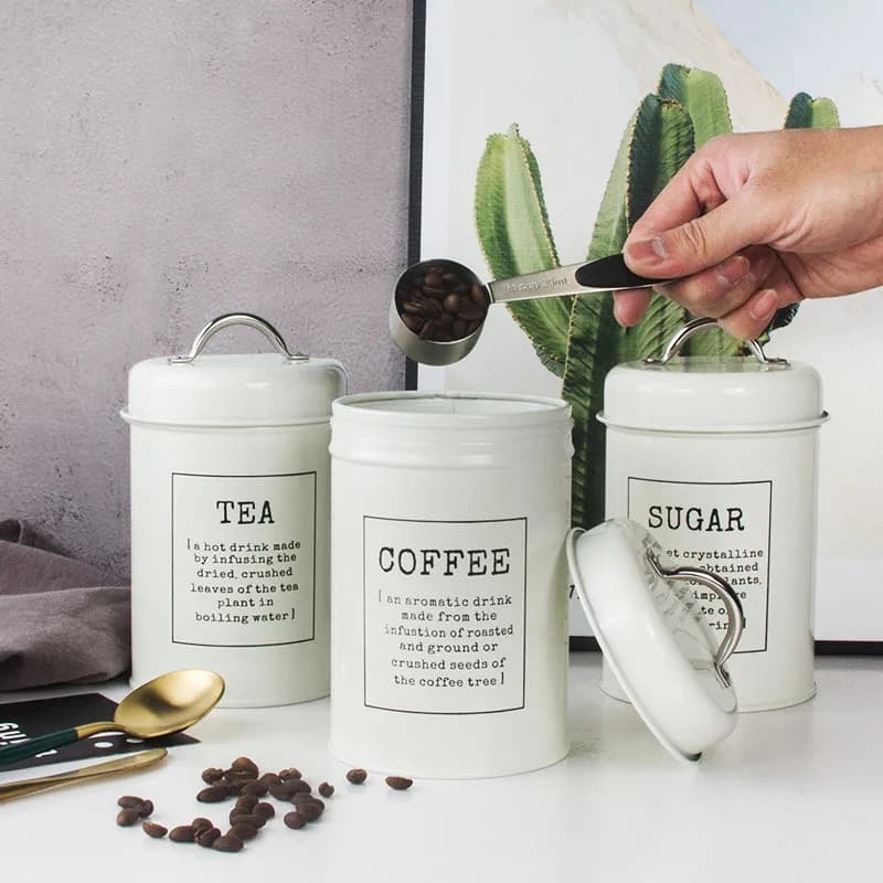 3Pcs Metal Canister Set Kitchen Tea Coffee Sugar Canisters Set with Lid Metal Food Storage Cans for Kitchen Storage Supplies