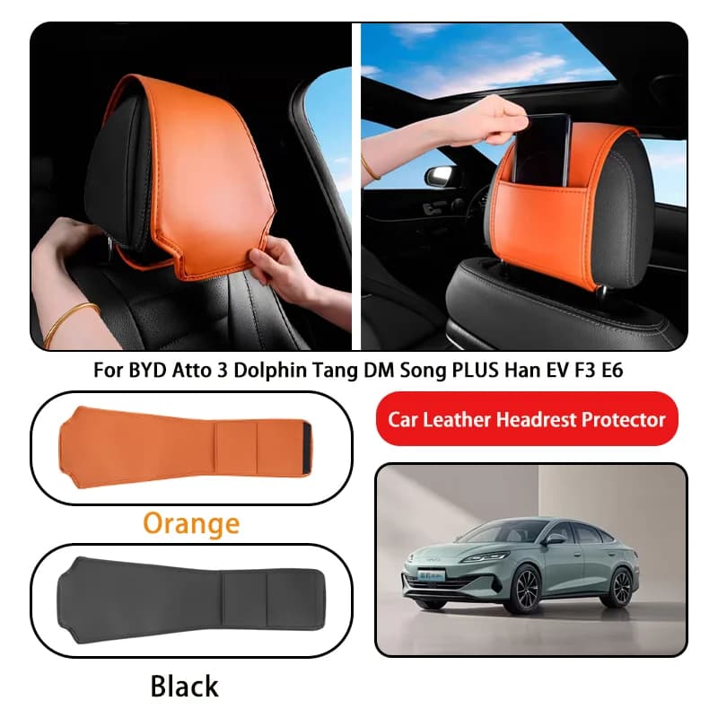 Leather Car Headrest Cover Anti-dirty and Wear-resistant For BYD Atto 3 Dolphin Tang DM Song PLUS Han EV F3 E6