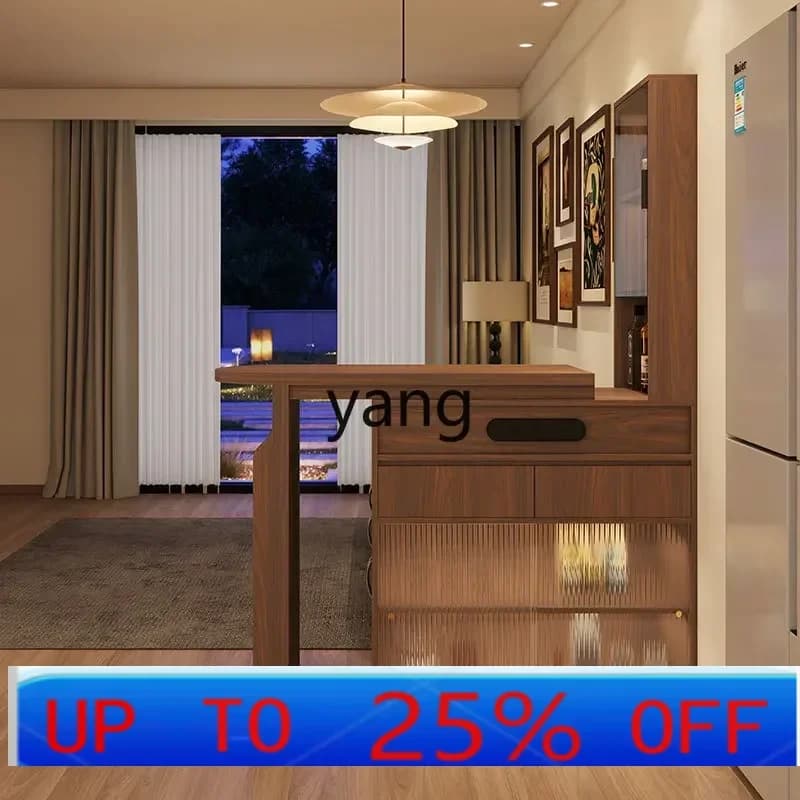 LH   retro style bar counter retractable solid wood partition side cabinet household living room dining table integrated