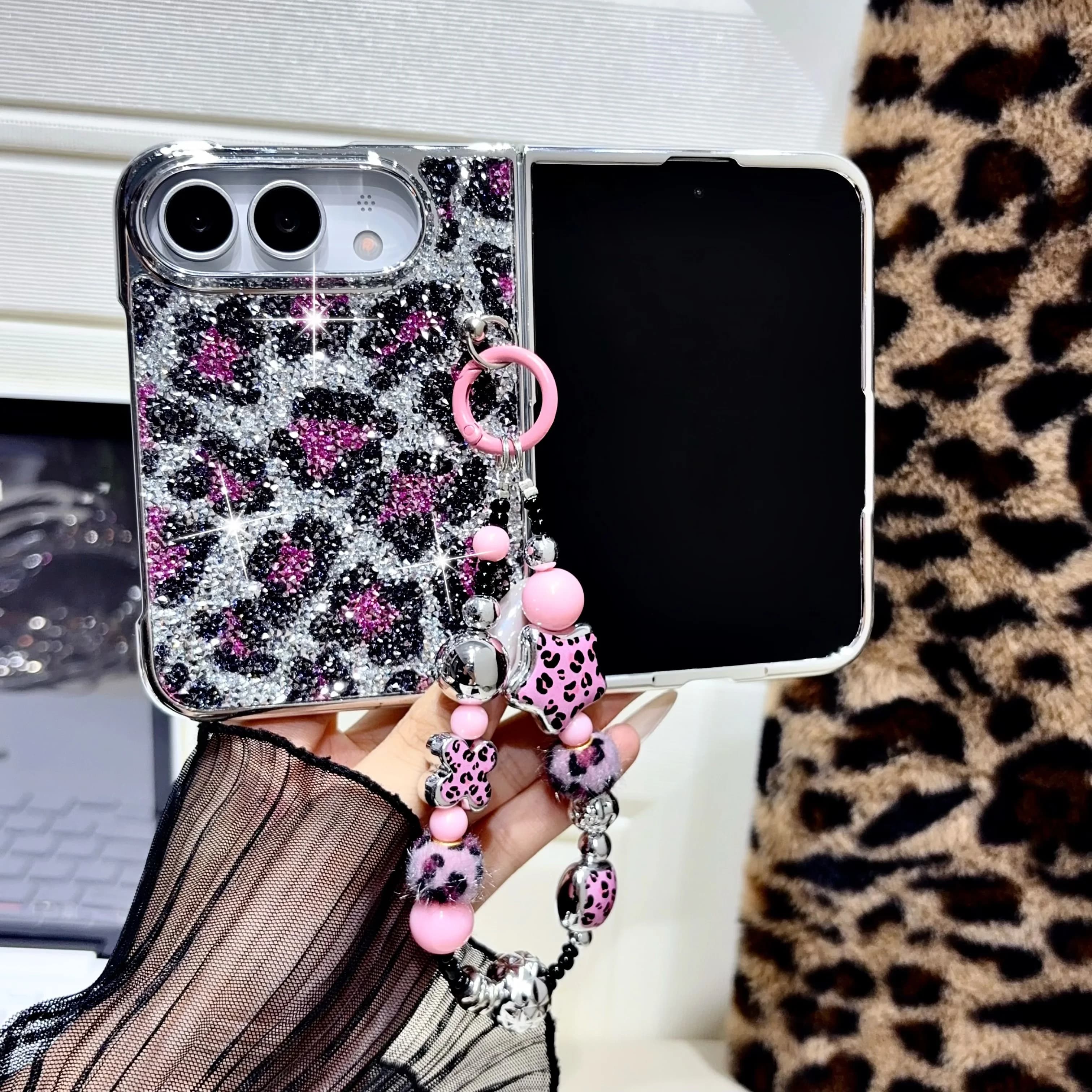 Bling Crystal Diamond Rhinestone Leopard Case For Apple iPhone Duo IDuo Fold Glossy Frame Cover Bead Chain Bracelet Strap