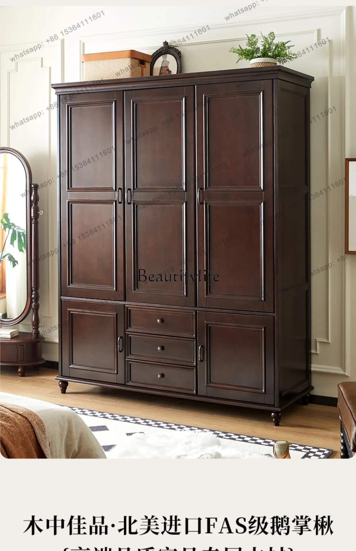 yj7 American wardrobe bedroom household solid wood clothes storage light wardrobe retro storage cabinet