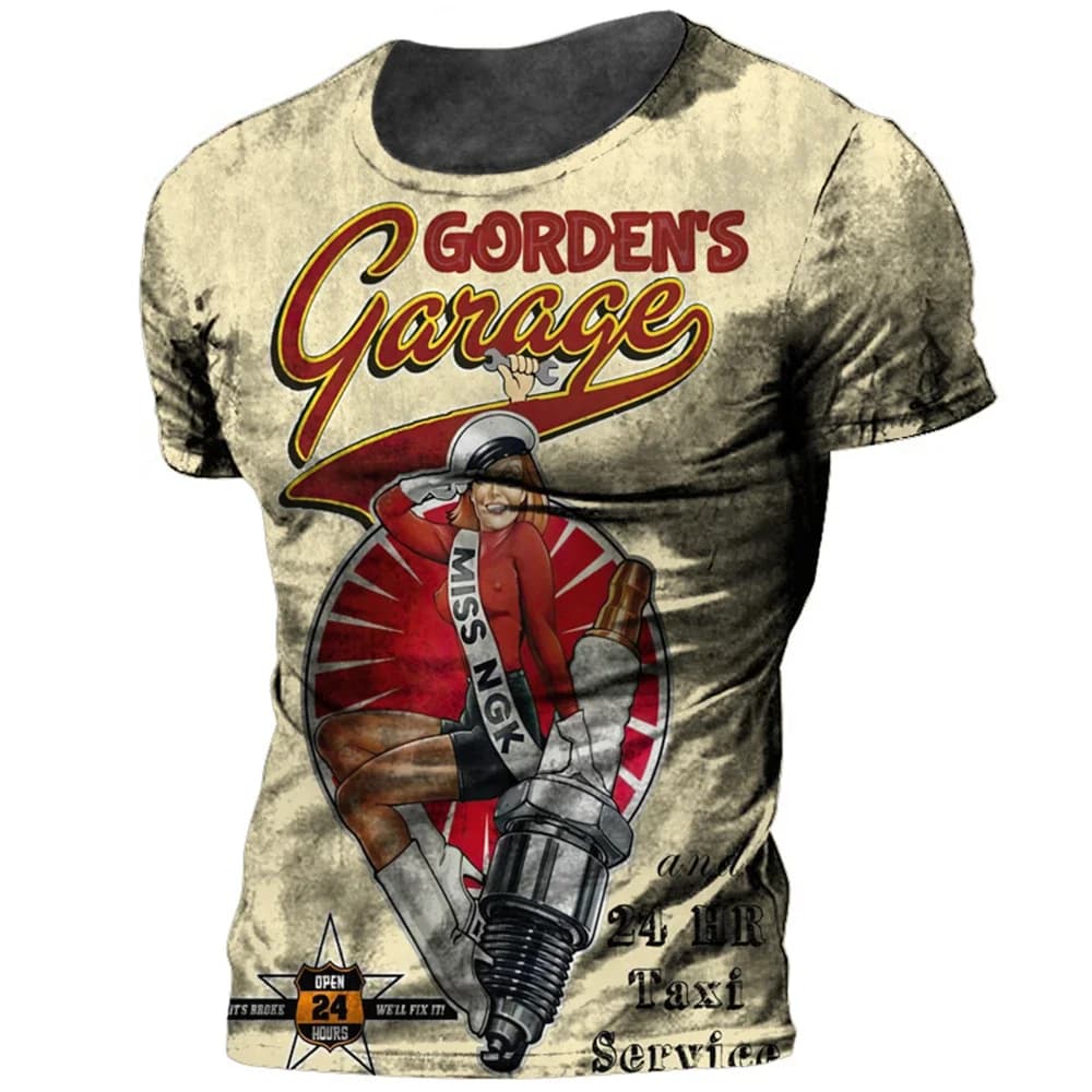 Vintage Motorcycle T-Shirt for Men, Featuring a 3D Print of a Female Racer, Short Sleeves, Biker Style, Plus Size, Men's Clothin