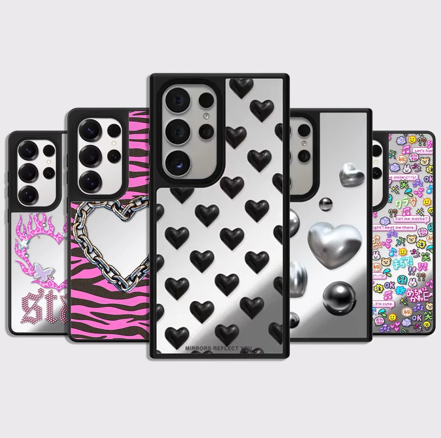 Silver / Black Hearts Mirror Surface Magnetic Phone Cover for Samsung Galaxy S23 S24 S25 S26 Ultra S26+ Plus Case