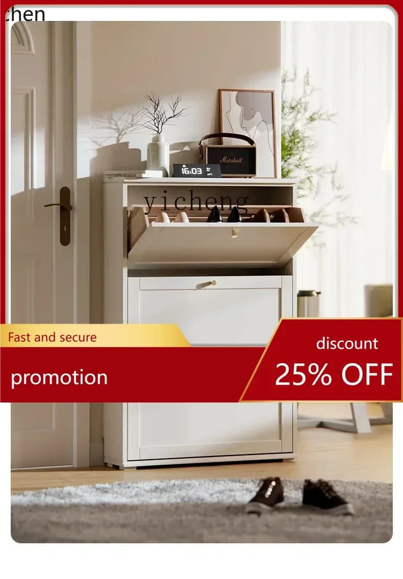 HT Ultra-Thin Home Tilting Shoe Cabinet Door Home Solid Wood Porch Entrance Foyer Narrow Wall-Free Installation