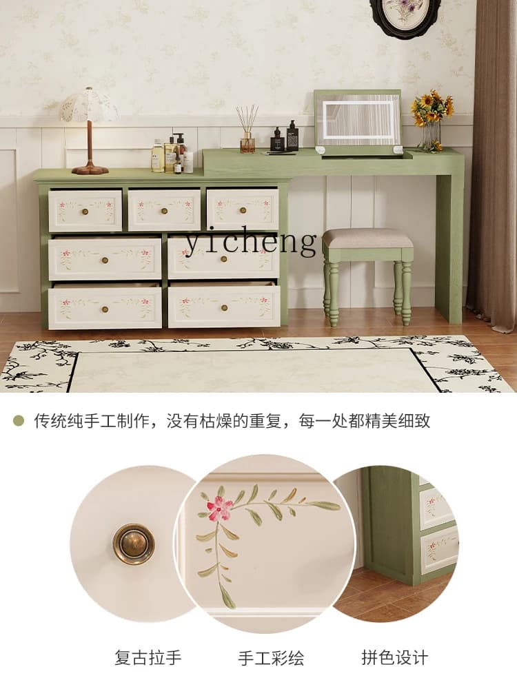 YFY   Painted Dressing Table and Chest of Drawers Integrated Retro Style Bedroom Flip Cover Makeup Table Green Bedside Table