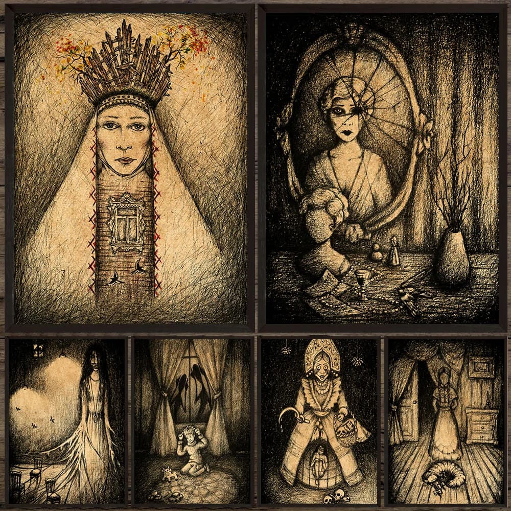 Macabre Nightmares Pencil Drawings Vintage Art Poster Print,Folkloric Horrors Gothic Wall Art Canvas Painting Home Decoration