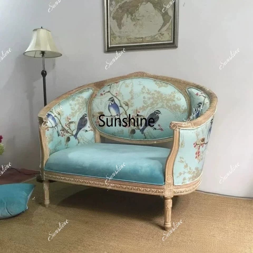 Solid wood carving flower large single sofa classical living room bedroom lazy sofaTJ