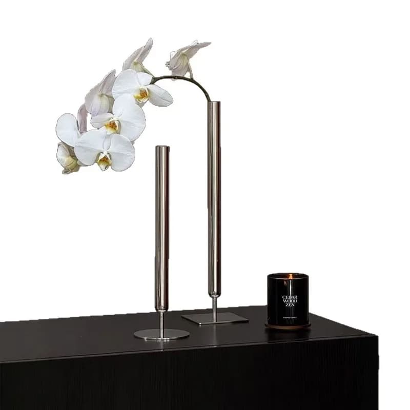 xx-Stainless Steel Long Tube Vase Fake Butterfly Orchid Flower Arrangement Decoration Livingroom Metal Vase Furnishing Crafts