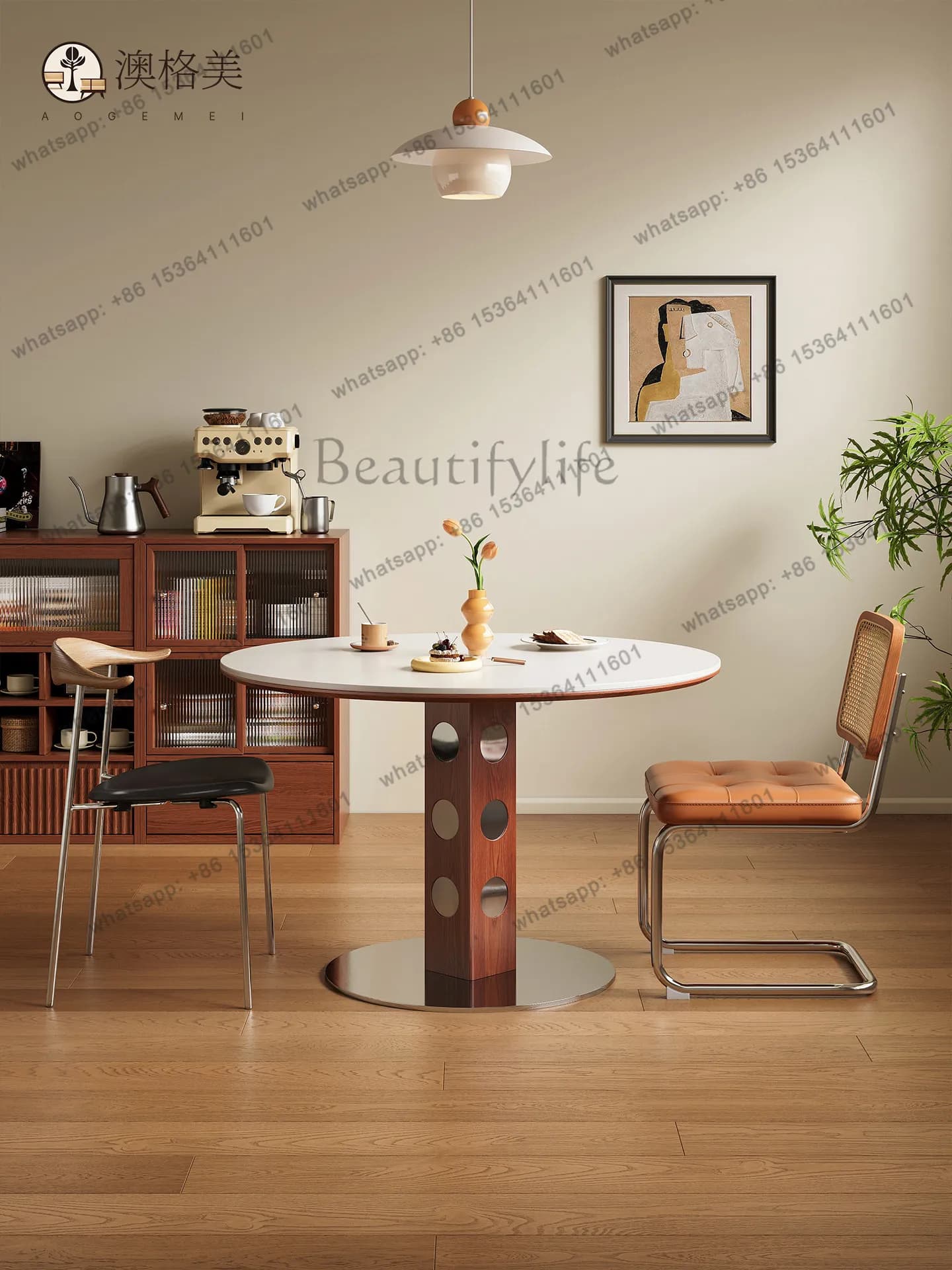 PJ medieval rock slab round table household small apartment solid wood Nordic simple