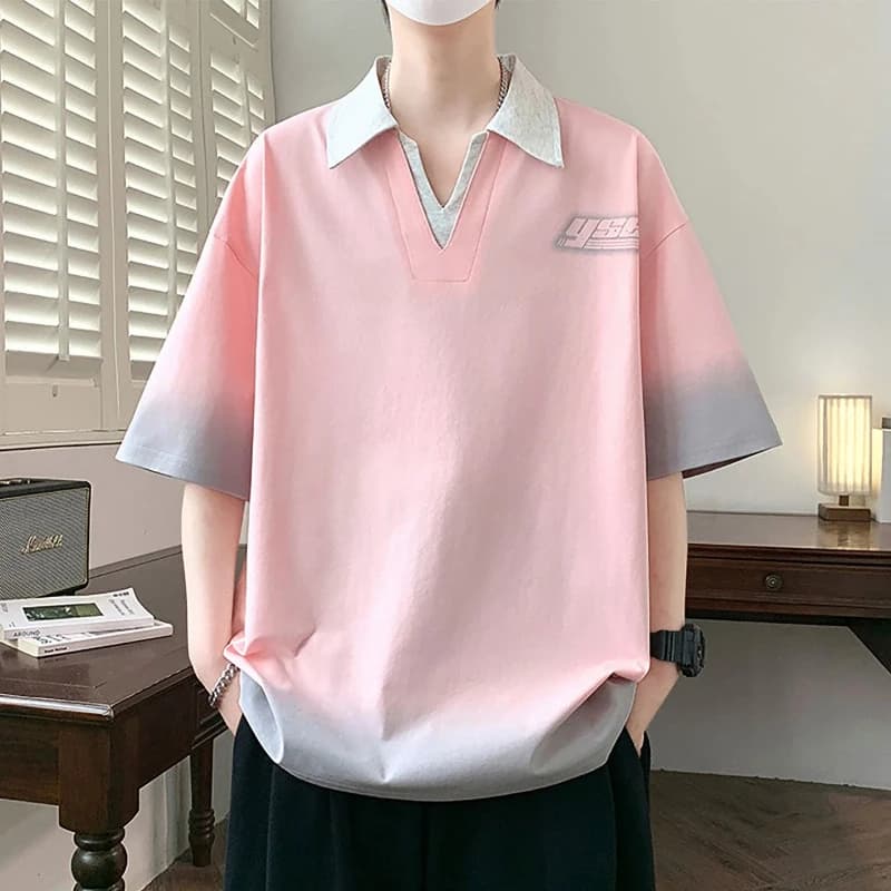 Polo Shirt For Men Casual Loose Fit Gradient Color Short Sleeve With Letter Patch Design Summer Wear