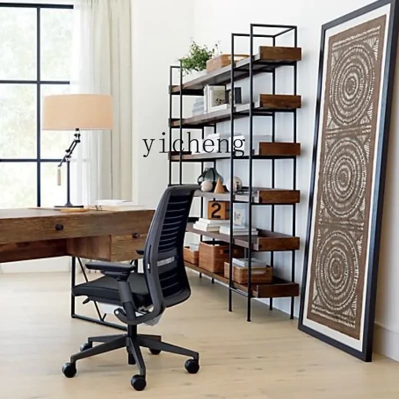 y9.4- wrought iron solid wood bookshelf American display shelf floor to wall living room shelf retro multi-layer office bookcase