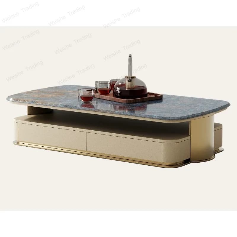 Double-column coffee table, villa luxury living room with the whole house, light luxury and high-end natural marble coffee table