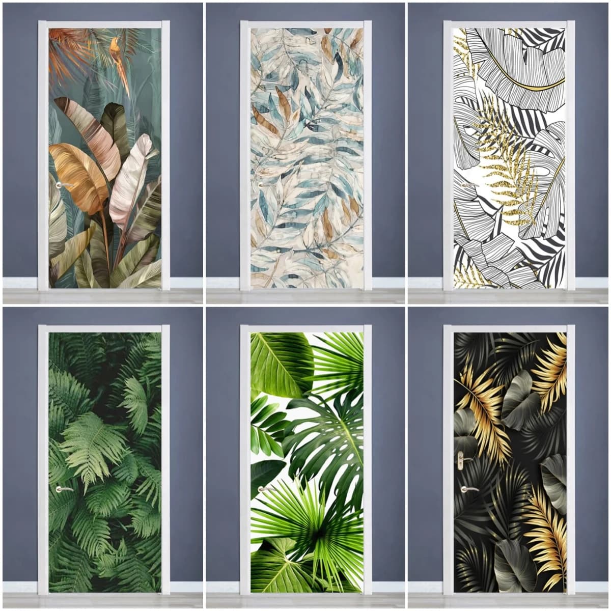 Self-adhesive PVC Removable Door Sticker 3D Natural Leaves Wall Art Decal Home Decoration For Living Room Bedroom Waterproof