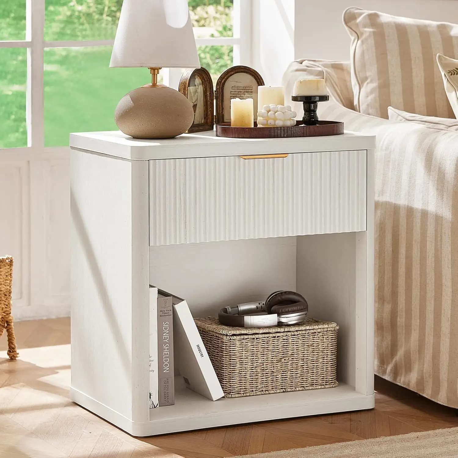 Fluted Nightstand with Charging Station, 23" Wide 1 Drawers End Table,White Night Stand with Open Storage Cabinet,, Customized