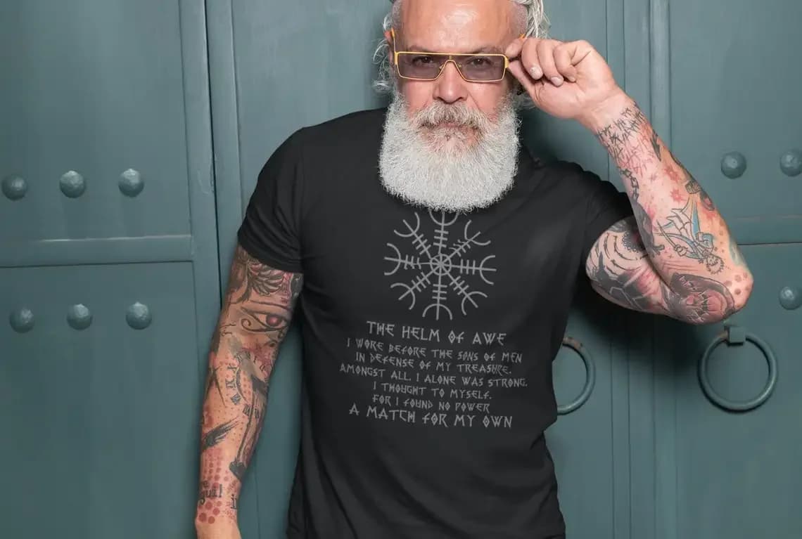 "Helm of Awe." Norse Myth Rune Inscription Nordic Warrior T-Shirt 100% Cotton O-Neck Short Sleeve Casual Mens T-shirt Size S-3XL