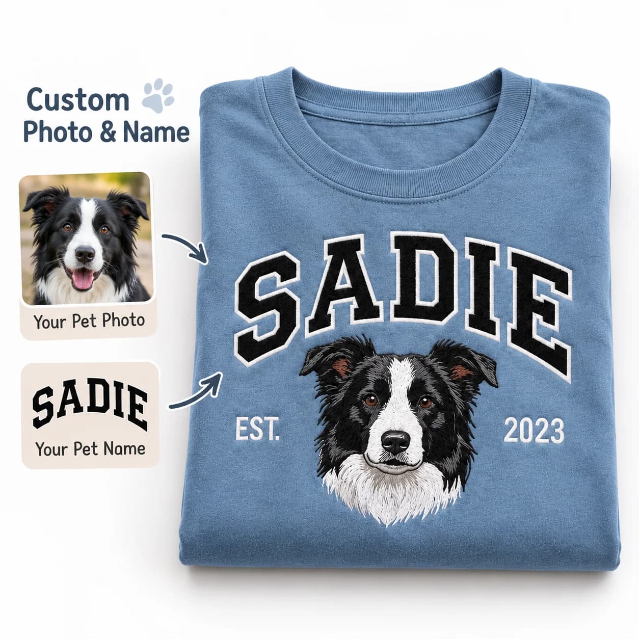 Personalized Pet Portrait T Shirt Faux Embroidery Style Custom Photo Name Dog Cat Cotton Tee Unisex Short Sleeve Pet Lover Gift