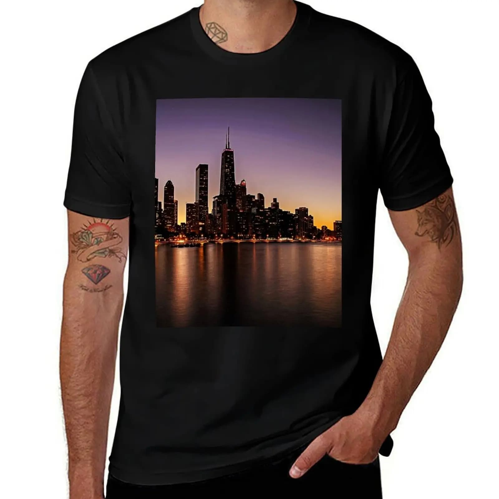 Chicago lights on Michigan lake T-Shirt All Match Print Short Sleeve Top T-Shirt