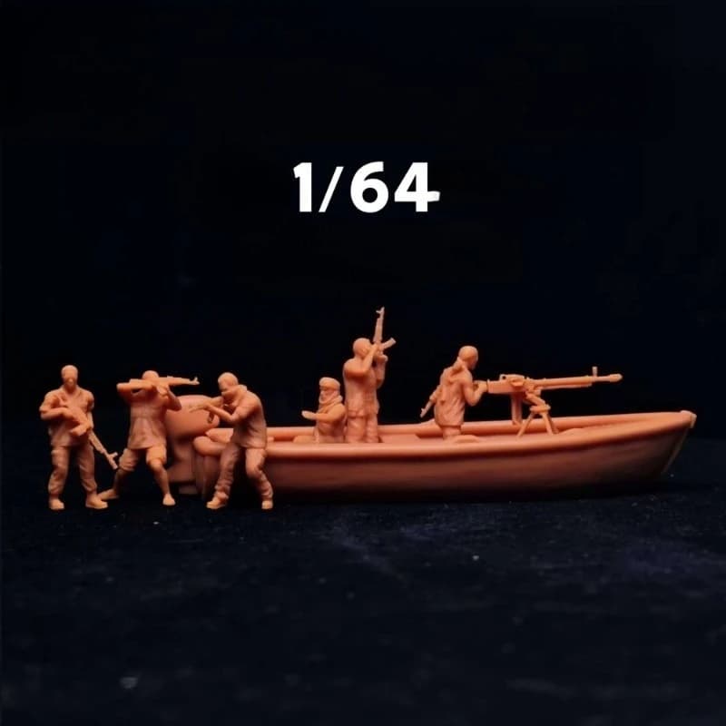 1/64 Scale Miniature Pirate-style High-precision White Model (including 6 Figures + 1 Heavy Machine Gun + 1 Speedboat)