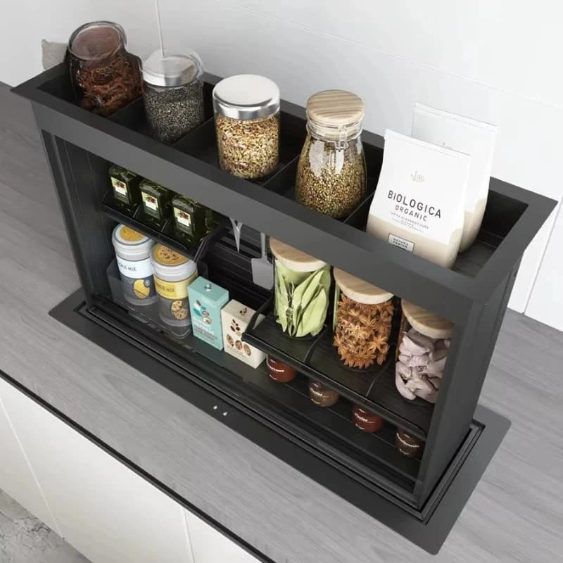 Modern Countertops Hidden Pull Down Rack Lifting System Acrylic Condiments Spice Storage Kitchen