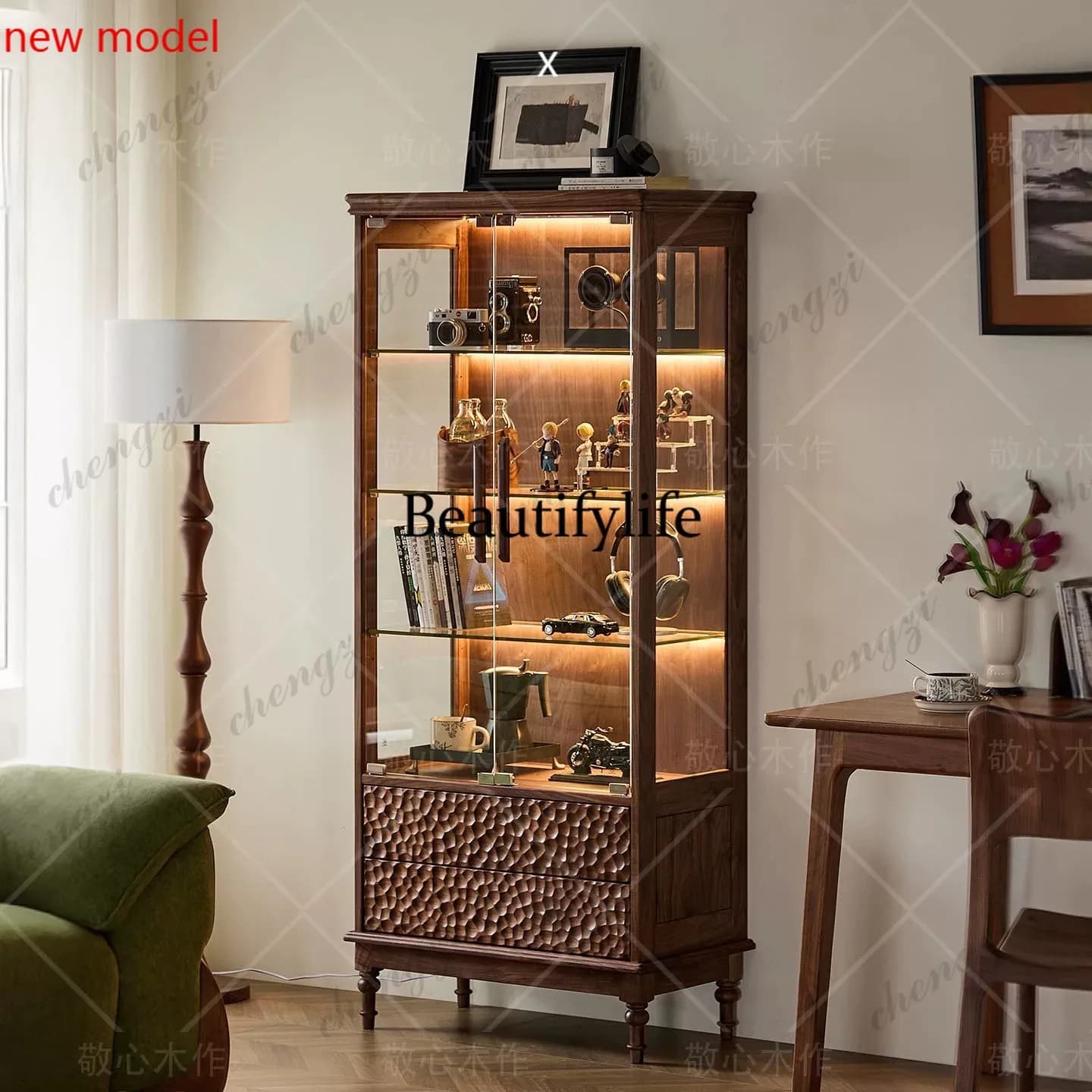 DD182Glass bookcase solid wood, display, American living room against the wall wine cabinet display cabinet customization