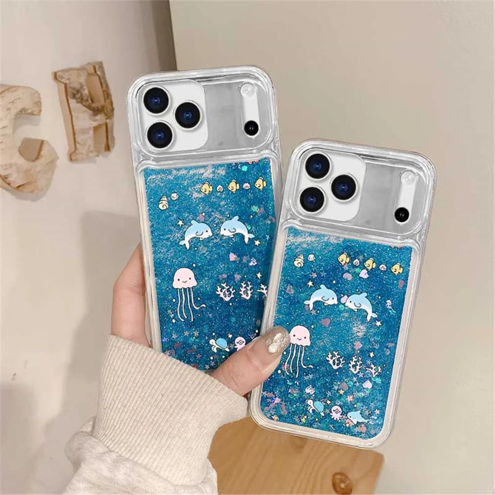 Blue Glitter Liquid Silicone Case For iphone17 16 15 14 13 12 Pro XR XS Max XS X 8 Plus Love heart Dynamic Quicksand Clear Cover