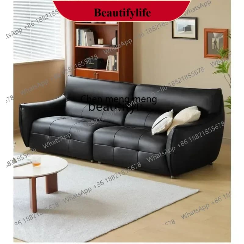 z183 Leather art sofa black ecological leather living room retro style three-person high backrest straight row sofa  HYH
