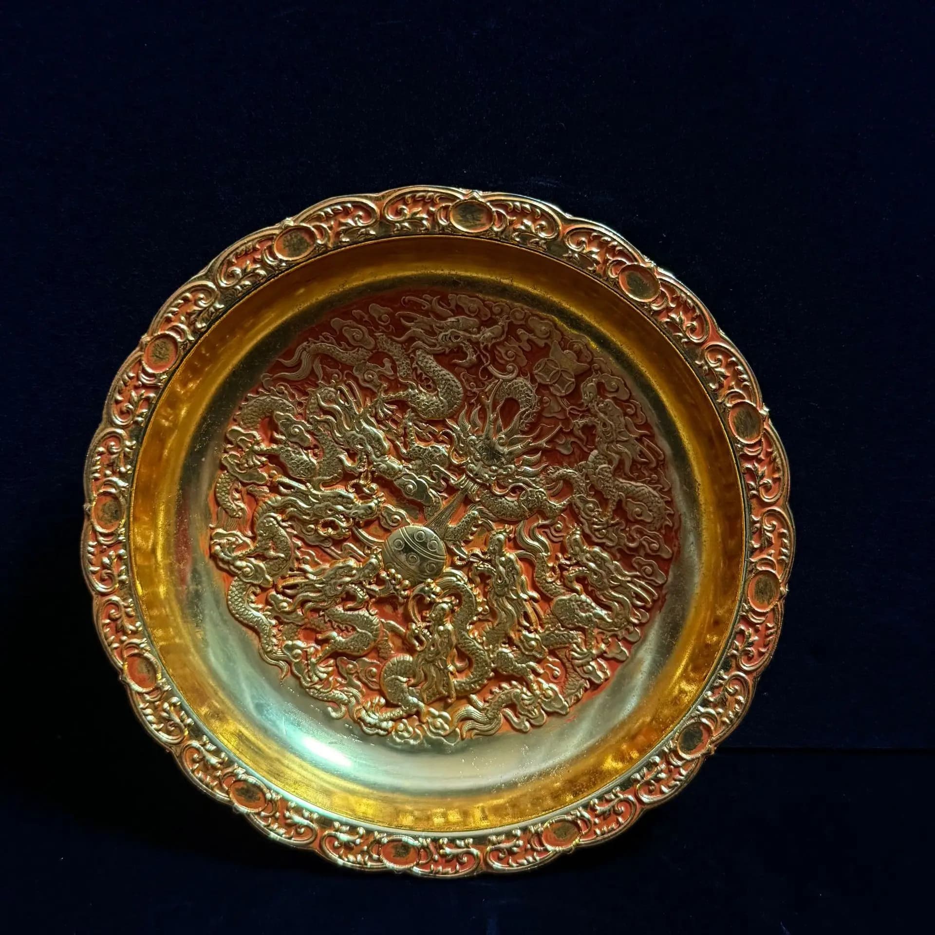 Chinese Collectible Antique Copper Gilded Nine Dragon Plate Imitation Copper Relief Ornament Crafts