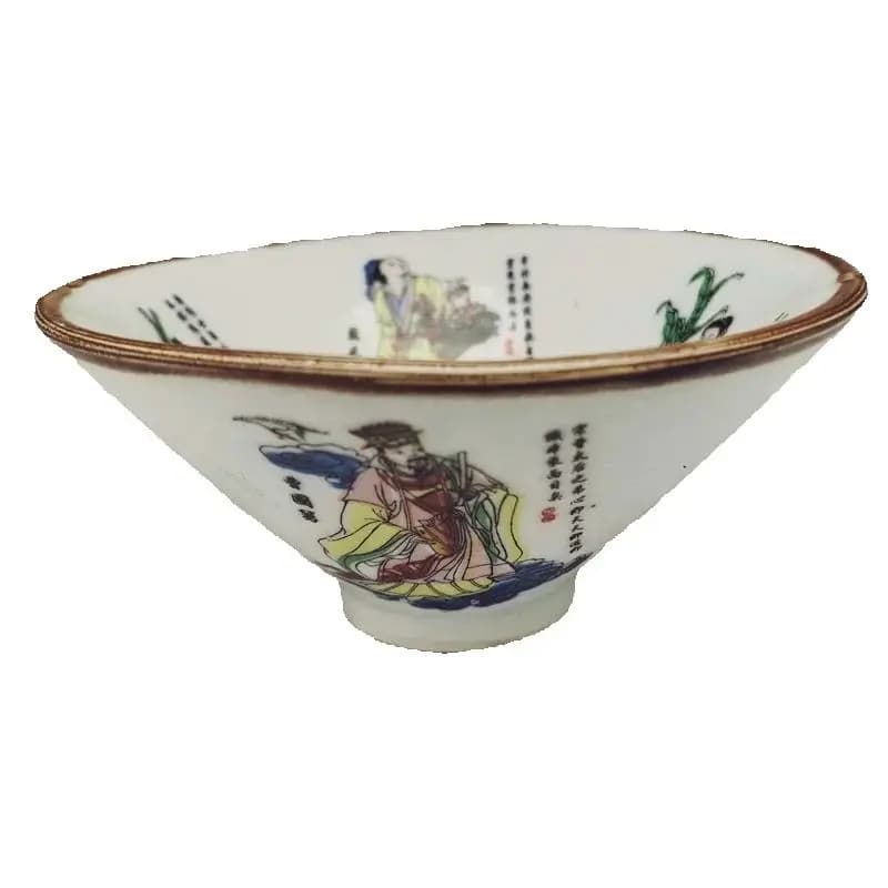 Pastel Chinese Old Porcelain Bowl with Eight Immortals Pattern Bamboo Hat Design Collectible Antiquity Kitchenware