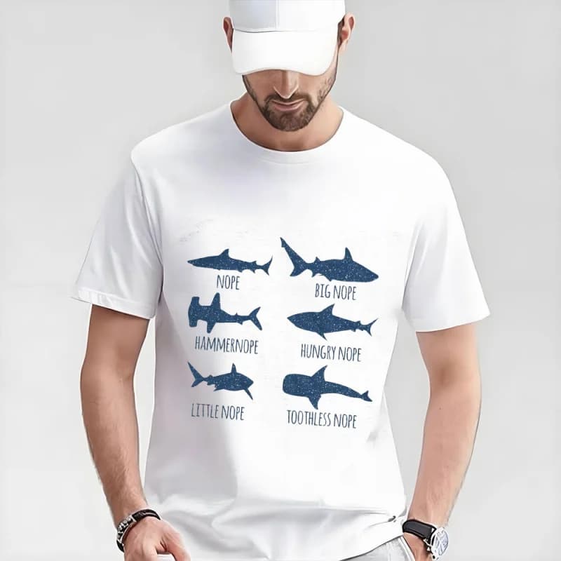 Mens Shark Nope Tshirt Funny Fear of Sharks Breeds Graphic Novelty Tee for Guys 100% cotton printed clothes All size Tops S-6XL