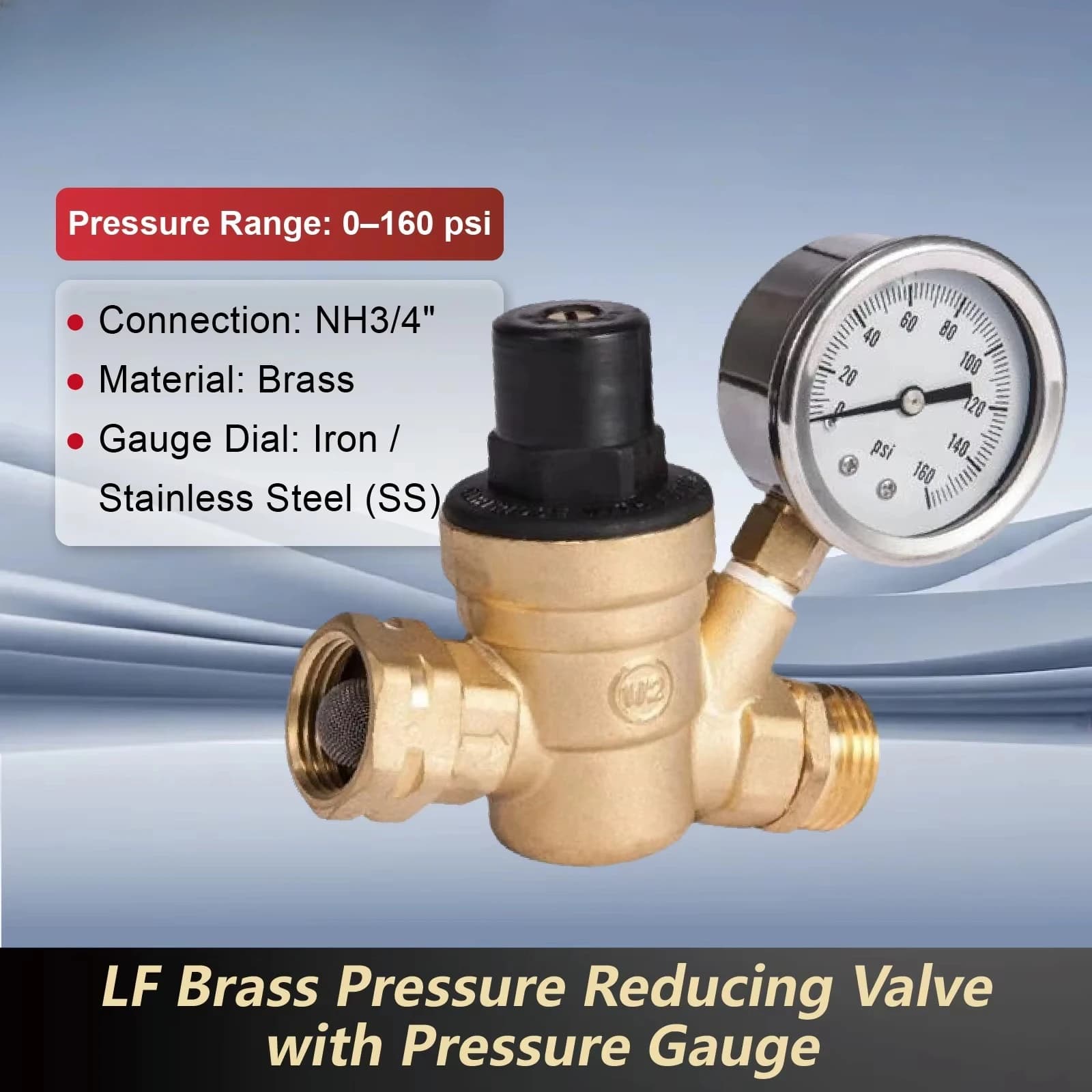 Adjustable RV Water Pressure Regulator Lead Free Brass Water Regulator with Gauge Pressure Reducer 0 160 PSI