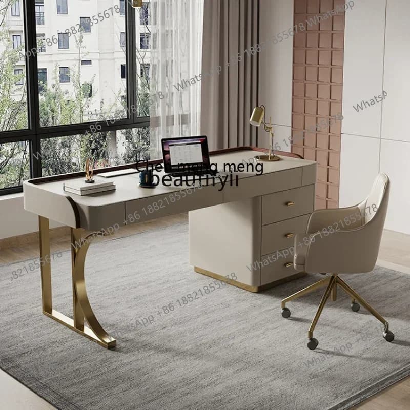 182C Light luxury minimalist modern solid wood Italian saddle leather home desk study computer desk