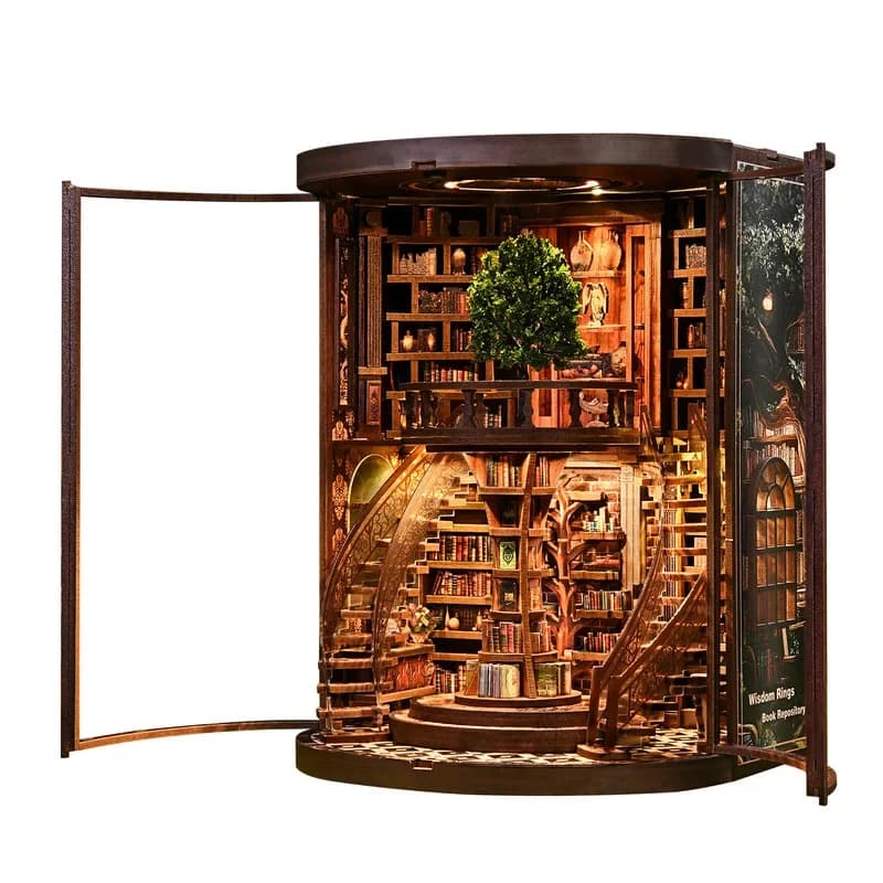 DIY Wooden Book Nook Kit - Miniature Bookend with Wisdom Rings, Home Decor Craft & Birthday Gift Idea Hand Assembled Book Stand