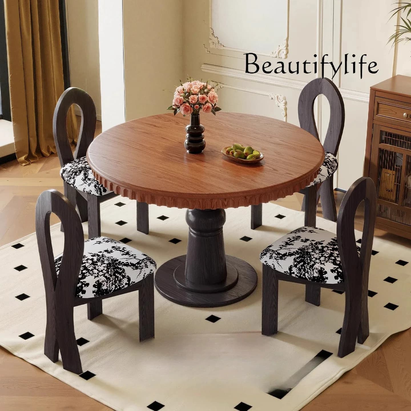 X Round Table Household Retro Style Ash Wood Grain Dining Table And Chairs French Medium And Ancient Style Solid Wood