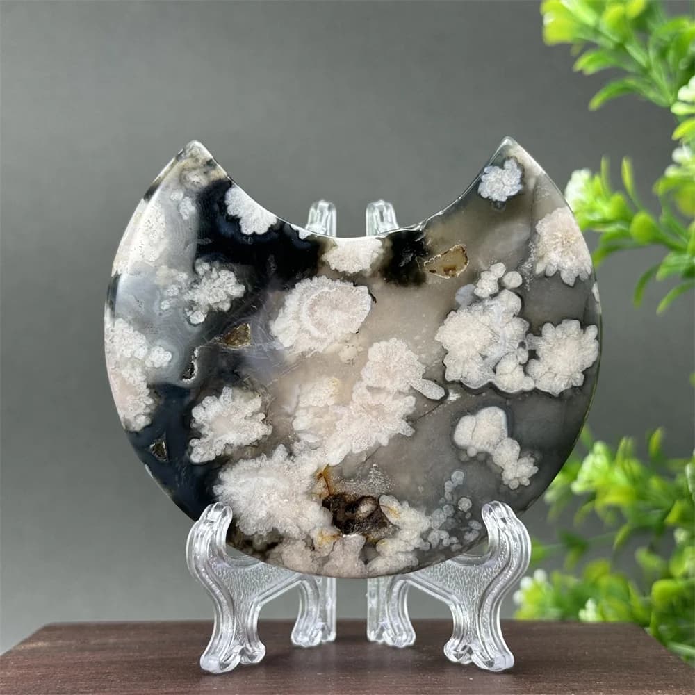 Natural Black Cherry Blossom Agate Moon Mineral Specimen Aura Healing Energy Meditation Home Feng Shui Ornaments Gift