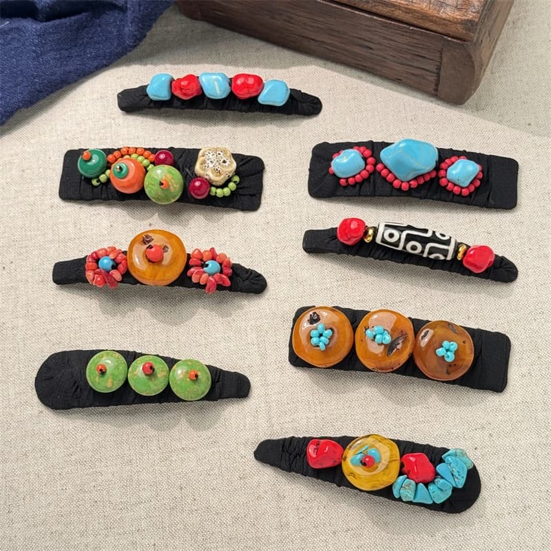 Retro Ethnic Style Tibetan Agate Turquoise Beeswax Hairpin Handwoven Unique Design Beach Side Clip Women's Fashion Accessories