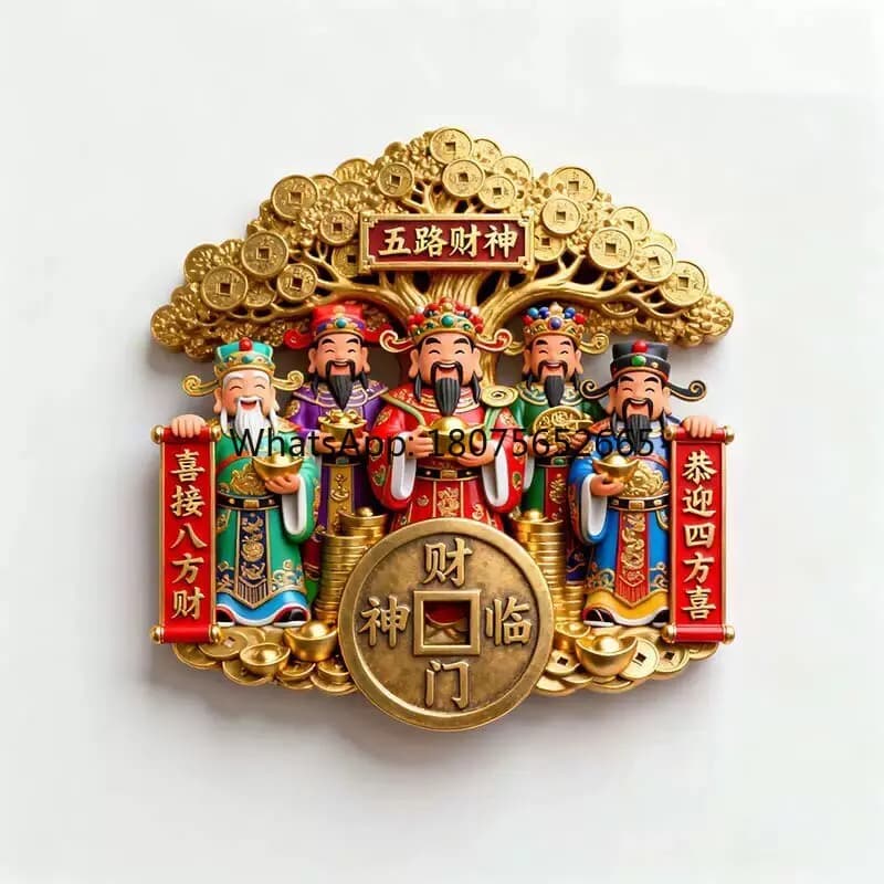 Five gods of wealth refrigerator magnet metal three-dimensional relief magnetic sticker housewarming home accessories gift box