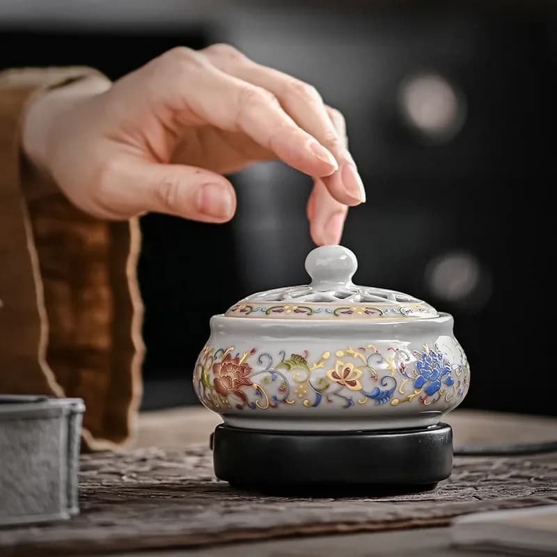 Ceramic Holder Electric Incense Burner Enamel Entwined Lotus Incense Burners Household Timing Temperature Adjustment Fumigation