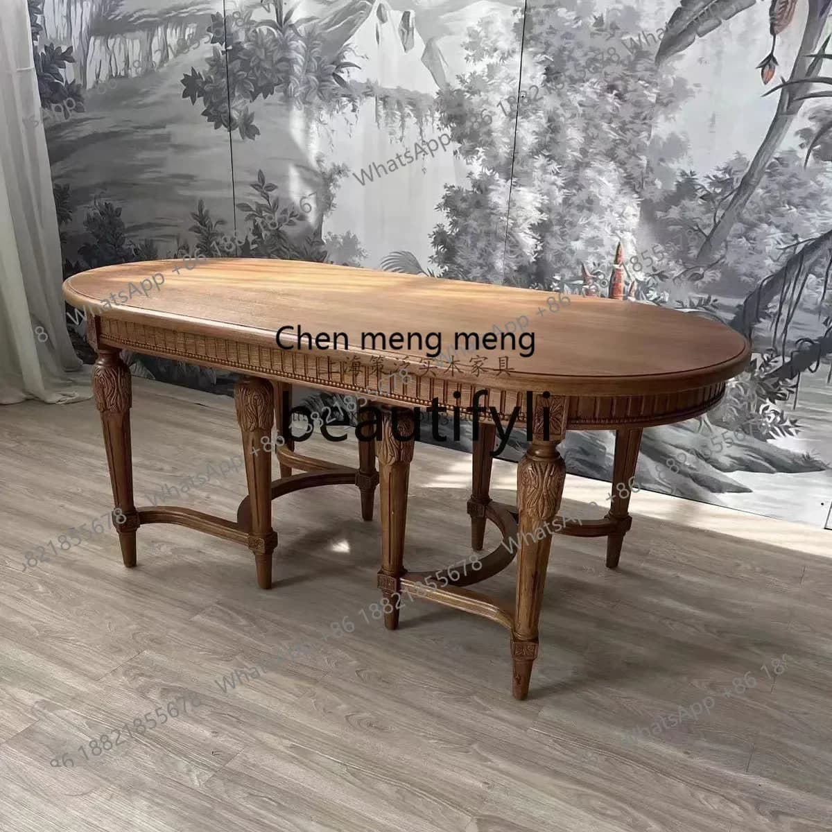 M178 French retro solid wood home oval dining table American country old Roman column villa living room