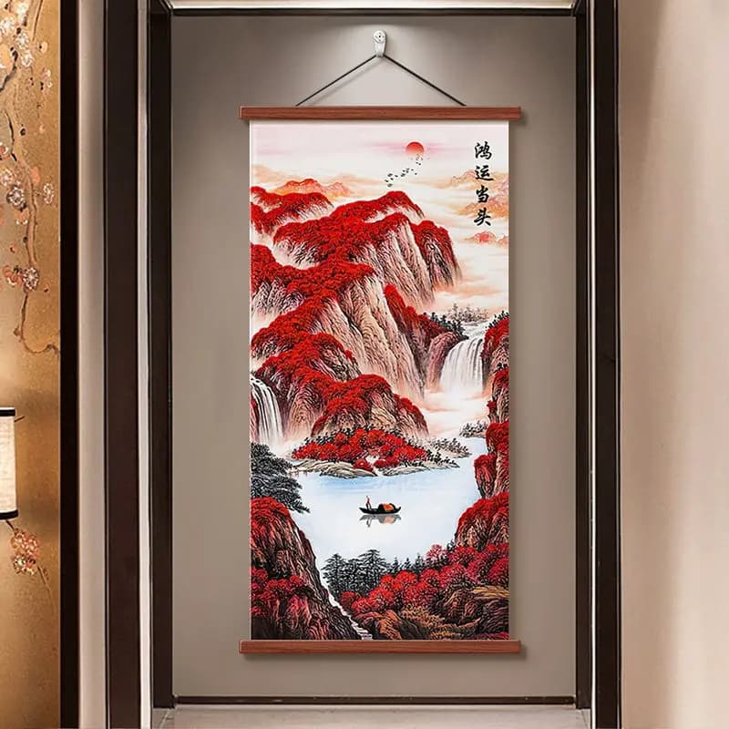 Chinese Landscape Wall Art Scroll Aesthetic Room Decor Red Autumn Mountain Painting for Living Room Foyer Corridor