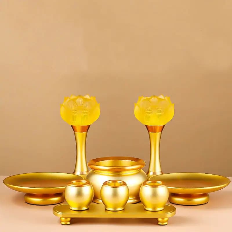 Cz brass buddhist offering set - home use buddha altar supplies: water   cup, offering plate, fruit plate,   lamp