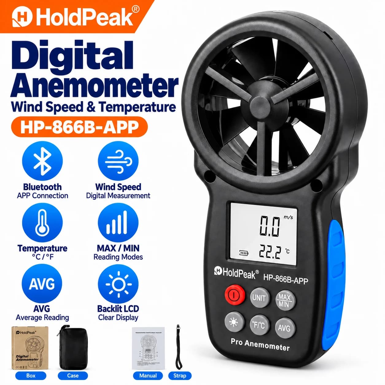 HoldPeak Digital Anemometer Bluetooth Wind Speed Meter, App Data Logging, Temperature & Wind Chill for HVAC, 866B-APP