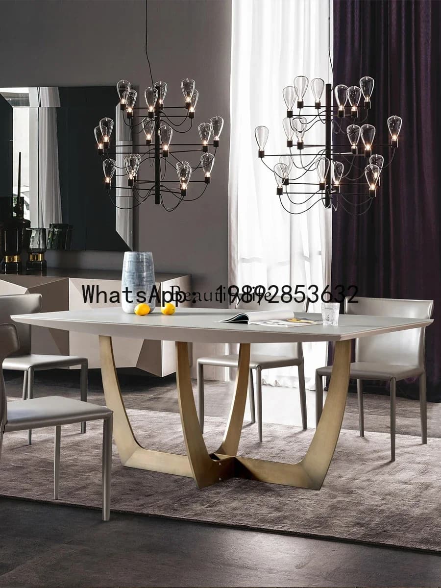 minimalist high-end modern simple rectangular dining table glass countertop tempered