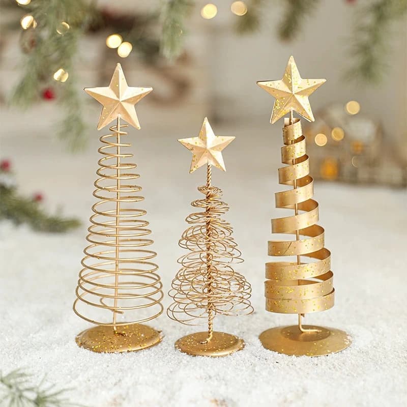 3PCS Gold Metal Christmas Tree Decorations Metal Craft Trees with Star Accent Creative Gift & Desktop Decor for Christmas Season