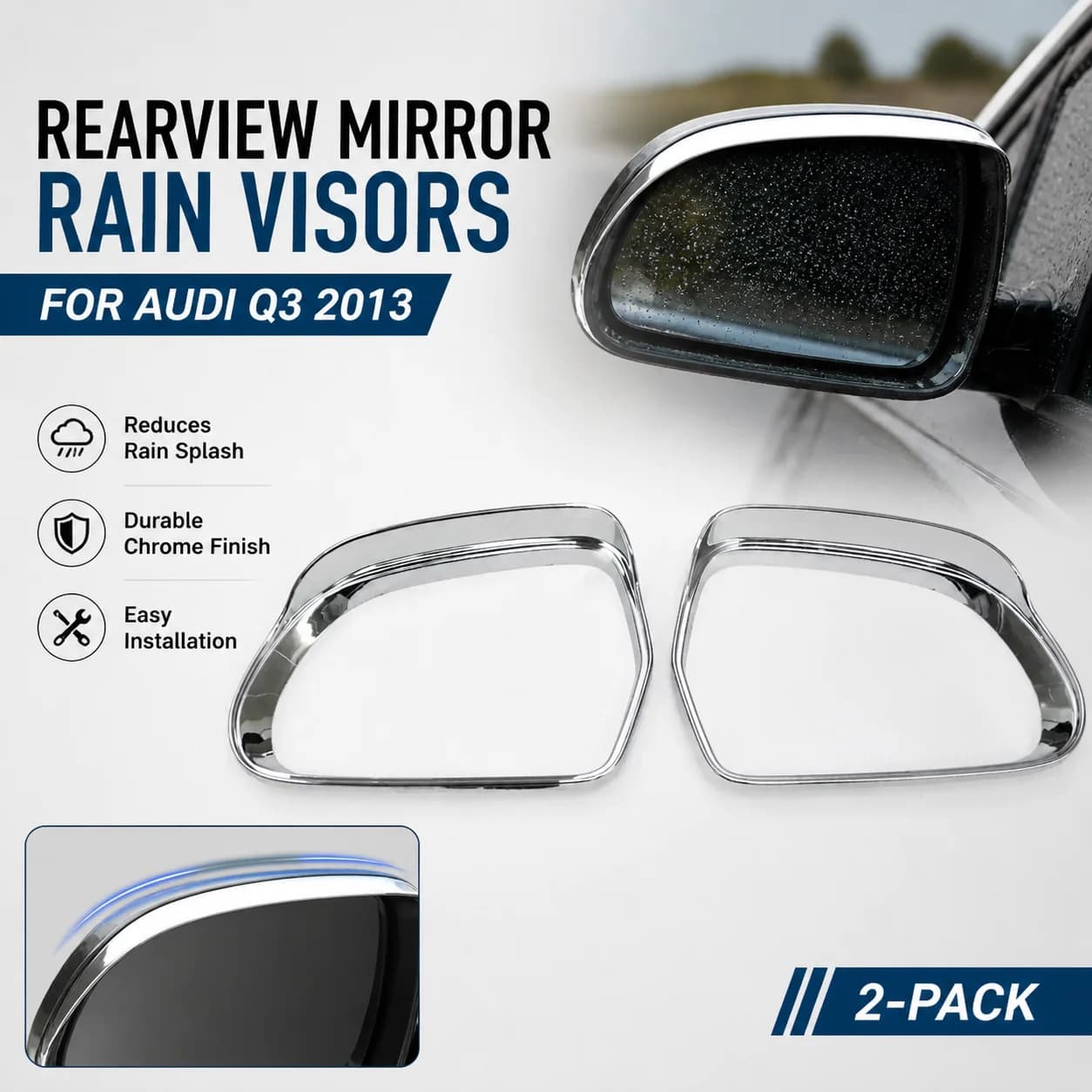 For Audi Q3 2013 Chrome Rearview Mirror Rain Visors (2-Pack)